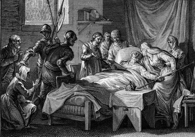 Död och arv efter Karl II den skallige (823-877), 877: kungen överlämnade till kejsarinnan kejsarkronan, hans gyllene spira, Sankt Peters svärd och ett testamente genom vilket han utser sin son Ludvig Begue till arv . Gravyr av J av Jean Michel the Younger Moreau