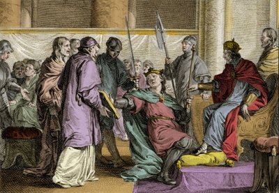 Erispoe (död 857), kung av Bretagne (Herispogius - Hervspogius - Respogius) fick rikets utsmyckningar från Karl II den skalliges händer (823-877), 851. Gravyr av Jean Michel Moreau, dit Moreau le Jeune (1741) - 1814) av Jean Michel the Younger Moreau