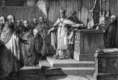 Hugues Capet (941-996) återupprättade de kanoniska valen: frankernas kung tillät munkarna att välja sina abbedor genom att placera ett kors och en mitra på ett altare. Gravyr av Jean Michel Moreau, dit Moreau le Jeune (1741-1814) av Jean Michel the Younger Moreau