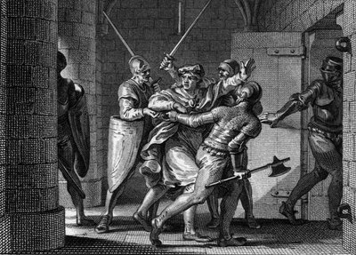 Fängelse av Karl III den Enkle (879-929), 923: Den förre kungen av Frankerna förråddes av den senare och skickades till fängelse, eftersom han trodde att han skulle finna en fristad hos Herbert av Vermandois. Gravyr av Jean Michel Moreau, dit Moreau le Jeu av Jean Michel the Younger Moreau