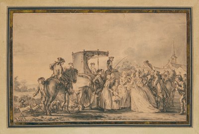 Marie Antoinette, går ur sin vagn och omgiven av sin kortege, tröstar en bonde, 1773 av Jean Michel the Younger Moreau