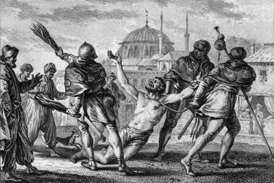 Nerra sothöns (972/987-1040), greve av Anjou, pilgrimsfärd i Jerusalem. Han dras naken, med ett rep knutet till halsen, på stadens gator, medan en av hans godsägare piskar honom med meter och ber om nåd från Gud. 1000-talet. Gravyr av Jean Mich av Jean Michel the Younger Moreau
