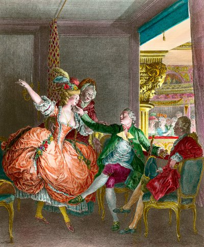 Prostitution: "" Presentationen på teatern""" En ung kvinna presenteras genom en matchmaker för en gentleman. Gravyr av Moreau le Jeune (1741-1814). 1800-talet. Privat samling av Jean Michel the Younger Moreau