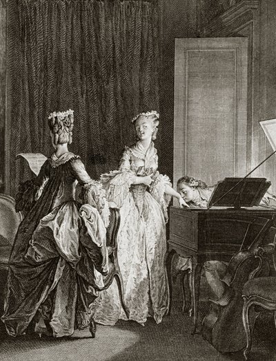 Saint Preux och Claire vid cembalo i "" Julie ou la nouvelle Heloise"" av den schweiziska filosofen Jean Jacques (Jean-Jacques) Rousseau (1712-1778) - gravyr av Moreau le jeune, Jean Michel (1741-1814) (Saint -Preux, slår sig ner vid cembalo, puss av Jean Michel the Younger Moreau