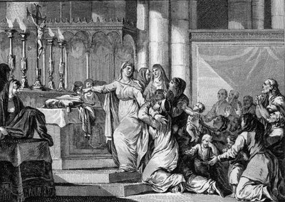Sainte Bathilde (eller Batilde, Bathylle, Beaudour) (626-680), francens drottning och änka efter Clovis II, bestämde sig för att ta slöjan i klostret Chelles 665. Hans undersåtar försöker stoppa honom. Gravyr av Jean Michel Moreau, dit Moreau le Jeune (174 av Jean Michel the Younger Moreau