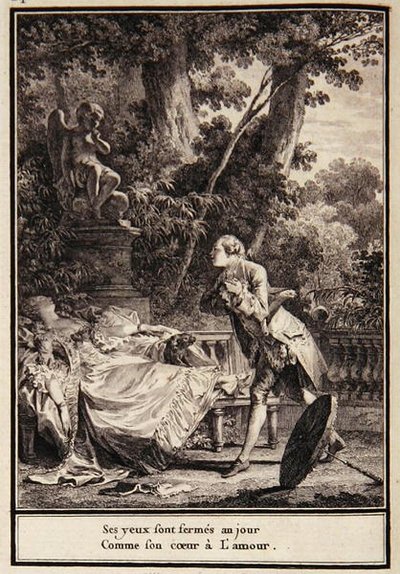 "Hennes ögon är stängda för dagen eftersom hennes hjärta har kärlek", illustration från "Choix de Chansons" av Laborde av Jean Michel the Younger Moreau