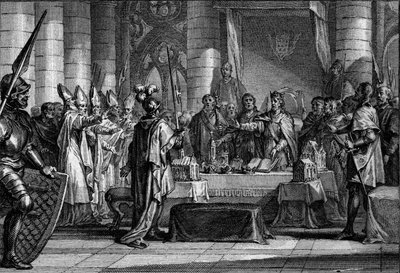 Succession av Louis 1st the Pious eller Debonnaire, 816: kejsaren av västerlandet (778-840) före de tre kronorna som symboliserar uppdelningen av hans imperium i tre kungadömen, som var och en återvänder till en av sina söner (Lothaire, Pepin, Louis) . Gra av Jean Michel the Younger Moreau
