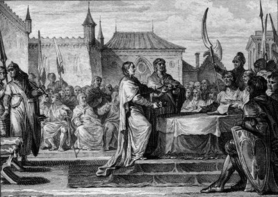 Succession av Pepin the Brief, 768: en församling beslutade att dela riket mellan hans två söner, Karl den Store (747-814) och Carloman (ca. 751-771), och därmed bryta ner de arrangemang som Pepin the Brief gjorde. Gravyr av Jean Michel Moreau, dit Moreau  av Jean Michel the Younger Moreau
