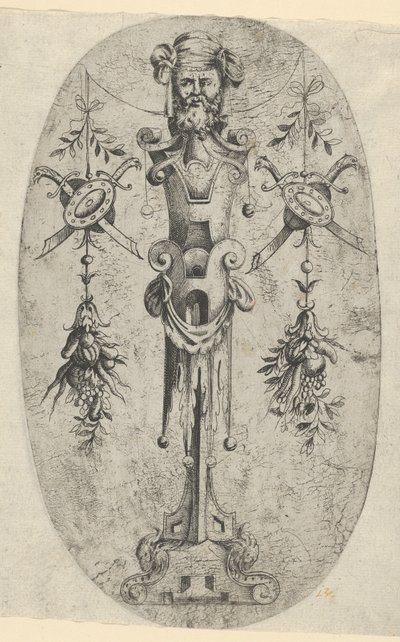 Manlig ändfigur, huvud med skägg och turban på en trekvarts remspindel..., ca. 1543-45. av Jean Mignon