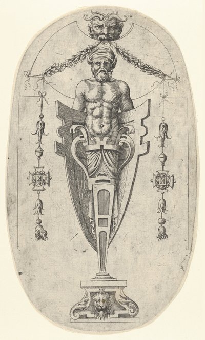Manlig ändfigur, torso med skägg och turban på en halvlång piedestal innesluten ..., ca. 1543. av Jean Mignon