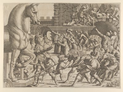 Trojanerna tar med trähästen in i sin stad, 1535-55. av Jean Mignon