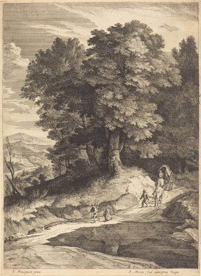 Skogskant med resenärer i en vagn av Jean Morin, after Jacques Fouquières