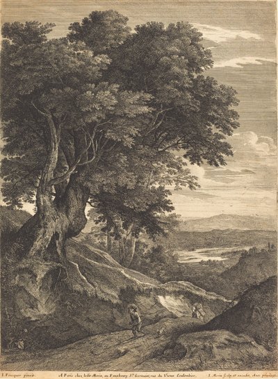 Kuperat landskap med resenärer till fots av Jean Morin, after Jacques Fouquières