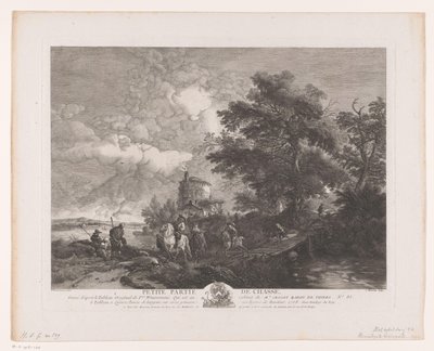 Jaktgrupp i ett landskap med en bro Petite Partie de Chasse (titel på objekt) Tryck efter målningar av Philips Wouwerman (serietitel) Oeuvres de Ph.pe Wouwermans Hollandois (serietitel) av Jean Moyreau