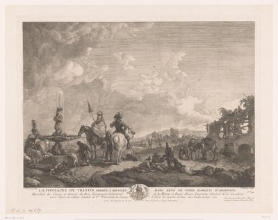Landskap med figurer vid en fontän La Fontaine du Triton (titel på objekt) Tryck efter målningar av Philips Wouwerman (serietitel) Oeuvres de Ph.pe Wouwermans Hollandois (serietitel) av Jean Moyreau
