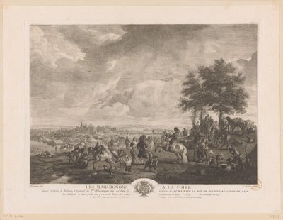 Landskap med hästhandlare på en marknad Les Maquignons à la Foire (titel på objekt) Tryck efter målningar av Philips Wouwerman (serietitel) Oeuvres de Ph.pe Wouwermans Hollandois (serietitel) av Jean Moyreau