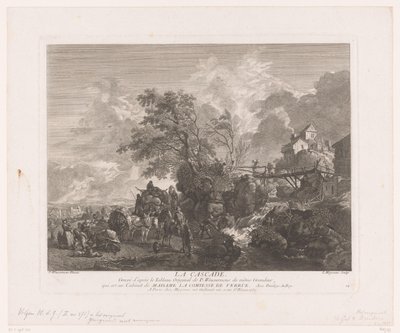 Landskap med resenärer vid ett vattenfall La cascade (titel på objekt) Tryck efter målningar av Philips Wouwerman (serietitel) Oeuvres de Ph.pe Wouwermans Hollandois (serietitel) av Jean Moyreau