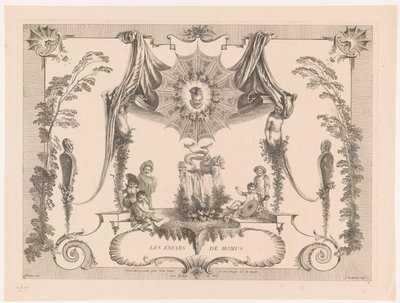 Design för panel med barn vid en fontän Les Enfans de Momus (titel på objekt) Oeuvre av Antoine Watteau (serietitel) L