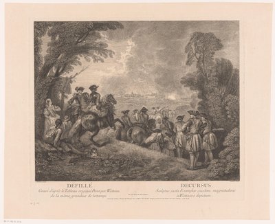 Procession med soldater på väg till en stad Défillé - Decursus (titel på objekt) Verk av Antoine Watteau (serietitel) Verk av Antoine Watteau, peintre du roy en son Academie roïale de peinture et sculpture (...) (serietitel) av Jean Moyreau