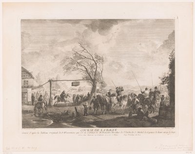Ringskylt på ett värdshus Cours de la bague (titel på objekt) Tryck efter målningar av Philips Wouwerman (serietitel) Verk av Ph.pe Wouwermans Hollandois (serietitel) av Jean Moyreau
