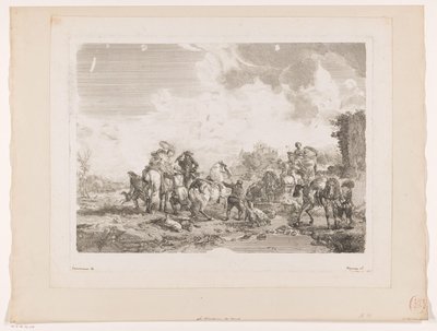 Vilande jaktsällskap vid en fontän La Fontaine de Venus Tryck efter målningar av Philips Wouwerman (serietitel) Oeuvres de Ph.pe Wouwermans Hollandois (serietitel) av Jean Moyreau