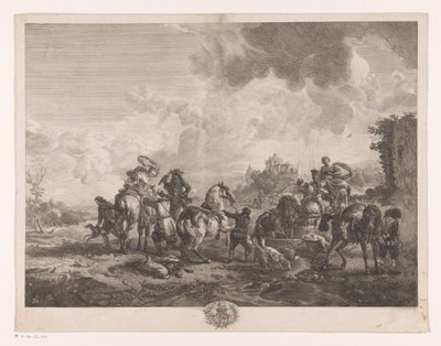 Vilande jaktsällskap vid en fontän La Fontaine de Venus Tryck efter målningar av Philips Wouwerman (serietitel) Oeuvres de Ph.pe Wouwermans Hollandois (serietitel) av Jean Moyreau
