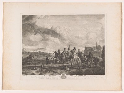 Vilande jaktsällskap i ett landskap Le Conseil des Chasseurs (titel på objekt) Tryck efter målningar av Philips Wouwerman (serietitel) Oeuvres de Ph.pe Wouwermans Hollandois (serietitel) av Jean Moyreau