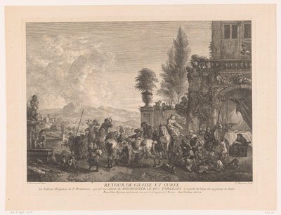 Återkommande jaktsällskap Return de chasse et curée (titel på objekt) Tryck efter målningar av Philips Wouwerman (serietitel) Verk av Ph.pe Wouwermans Hollandois (serietitel) av Jean Moyreau