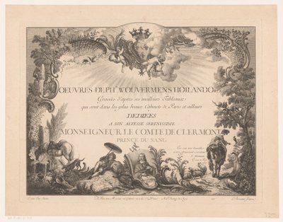 Titeltryck med figurer och djur i ett landskap, med porträttet av Philips Wouwerman Tryck efter målningar av Philips Wouwerman (serietitel) Oeuvres de Ph.pe Wouwermans Hollandois (serietitel på objekt) av Jean Moyreau