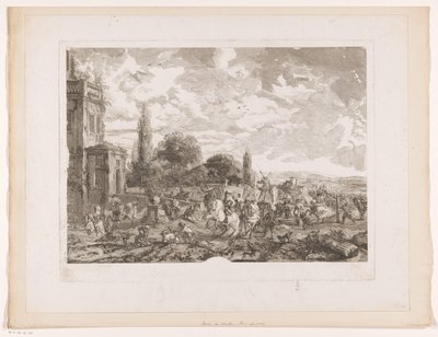 Avgående jaktsällskap för ett hus Partie de Chasse pour le Vol Tryck efter målningar av Philips Wouwerman (serietitel) Oeuvres de Ph.pe Wouwermans Hollandois (serietitel) av Jean Moyreau
