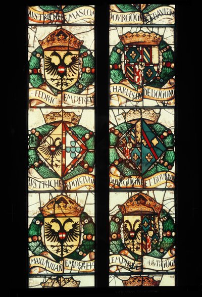 Heraldiska vapensköldar från kungafamiljerna i Österrike, Tyskland, Frankrike och Portugal associerade med givaren Margareta av Österrike, 1527-29 av Jean Orquois Antoine Noisin