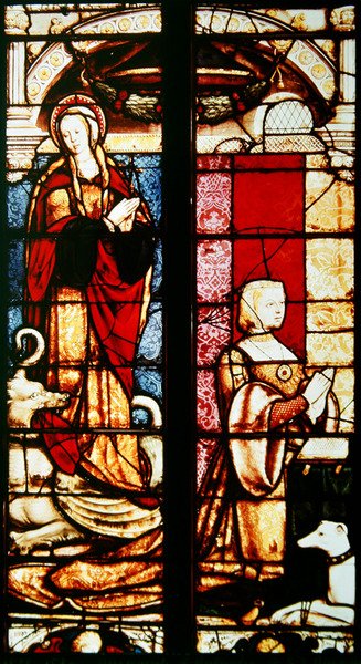 Porträtt av givaren, Margareta av Österrike och hennes skyddshelgon, St. Margaret, 1527-29 av Jean Orquois Antoine Noisin