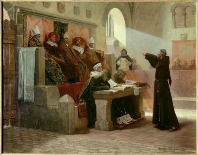 Albigeoise Inquisition: "Agitatorn i Languedoc Bernard Delicieux (1260-1318), franciskanermunk under sin rättegång." Domens scen: på första raden i mitten, vänd mot Bernard Delicieux, är den store inkvisitorn omgiven av två religiösa, bakom av Jean Paul Laurens