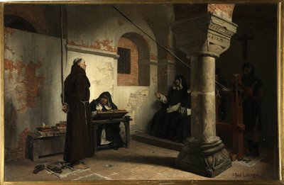 Bernard Delicieux (1260-1319) inför inkvisitionens domstol - Målning av Jean Paul (Jean-Paul) Laurens (1838-1921), olja på duk, cirka 1881, 79x121 cm - (Bernard Delicieux inför inkvisitionsdomstolen, Oil canvas av Jean Paul Laurens) - Sta av Jean Paul Laurens