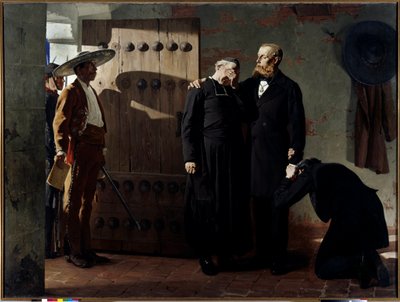 Kejsar Maximilian I (1832-1867) av Mexiko före sin avrättning den 19 juni 1867. Kungen tröstade en präst innan han lämnade sitt fängelse. Målning av Jean Paul Laurens (1838-1921) 1882 Sankt Petersburg. Eremitagets museum. av Jean Paul Laurens