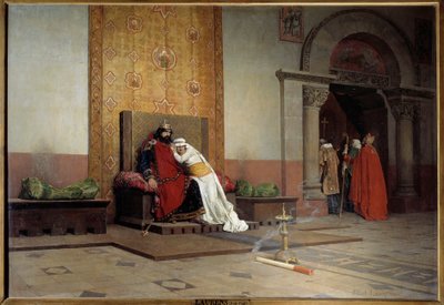 Exkommunikation av Robert II den fromme 998. Kungen av Frankrike, son till Hugues Capet, blir förälskad och gifter sig med sin kusin Berthe av Bourgogne trots att påven Gregoire V har avskräckts, som också excommuniserar honom. Målning av Jean Paul Laurens av Jean Paul Laurens