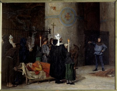 Begravning av Vilhelm Erövraren (1027-1087), kung av England från 1066 till 1087 (1087), i Abbey aux Hommes (Abbey-au-Hommes) i Caen. En man vid namn Asselin avbryter ceremonin. Målning av Jean Paul Laurens (1838-1921) av Jean Paul Laurens