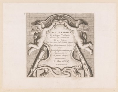Titeltryck med två putti och Hercules attribut Labours of Hercules (serietitel) Herculis Labores (serietitel på objekt) av Jean Pesne