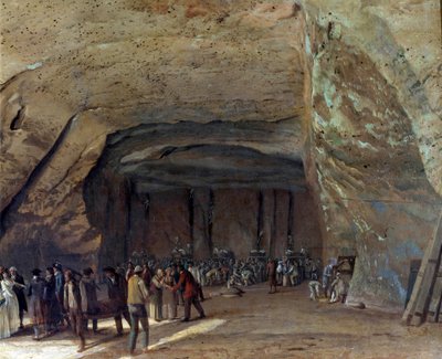 Källare fungerande som saltlager i Dieppedalle omkring 1789 Arbetare i ett saltbrott. Målning av Jean pierre Houel (1735-1813) 1789 ungefär sön. 0,65x0,97 m Rouen, musee des Beaux Arts - Grotta användes som lager för salt i Dieppedalle ca 1789. W av Jean Pierre Houel
