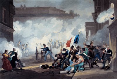 Revolutionen 1830: En student vid Ecole Polytechnique beslagtog en kanonbit under erövringen av Palais-Royal den 28 juli av Jean Pierre Marie Jazet