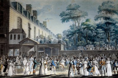 Utsikt över Paris: strandpromenaden i den turkiska trädgården. Litografi av Jean Pierre Marie Jazet (1788-1871) av Jean Pierre Marie Jazet