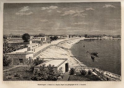 Chandernagor (nuvarande Chandannagar, i Västbengalen), på stranden av Ganges, gravyr efter teckningen av J. Moynet, som illustrerar rajahernas resa i Indien, 1864-1868, av Louis Rousselet, publicerad i "" Le tour du monde”” 1874, redigerad av Jean Pierre Moynet