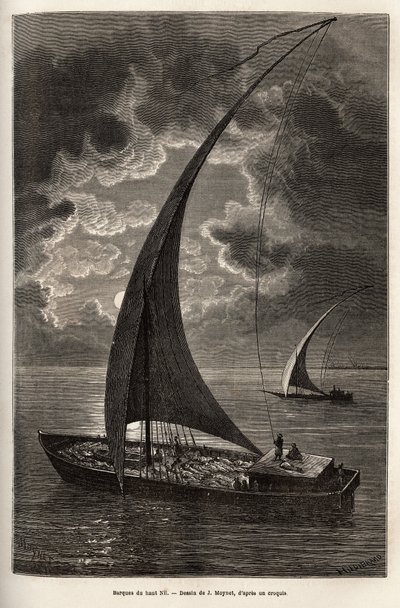 Les barques du haut Nile, reducerad besättning och passagerare som sover på däck, i månsken, gravyr efter J. Moynets teckning, som illustrerar resan till Afrikas hjärta 1868-1871, av Dr. Georges Schweinfurth, publicerad i "" Le tour du monde”” 1874, utg av Jean Pierre Moynet