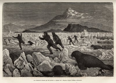 En del av besättningen på fartyget La Germania, på Claveringöarna, som gick ner på isen för att jaga, jagades själva av valrossar som kom upp ur vattnet, graverade efter teckningen av J. Moynet, som illustrerar en resa till Nordpolen i 1869-1870 av th av Jean Pierre Moynet