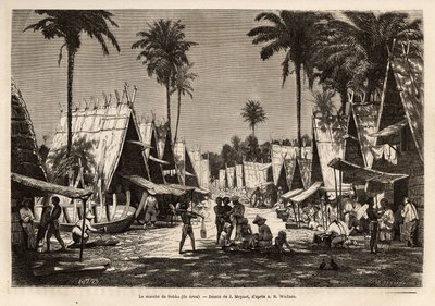 Marsch av Dobbo, på Arou Island, ett hamncentrum, animerat av många köpmän och skeppsbyggen, graverad efter teckningen av J. Moynet, som illustrerar resan till den malaysiska skärgården 1854-1862, av Alfred Russell Wallace (1823-1913) ), en brittisk av Jean Pierre Moynet