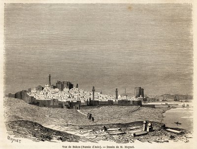 Vy över Baku (Ryssland, Azerbajdzjan), teckning av Mr. Moynet, för att illustrera resan till Kaspiska havets kust, i oktober 1858, av Mr. Moynet. Gravyr i "" Le tour du monde, nouveau journal des voyages"" Paris av Jean Pierre Moynet