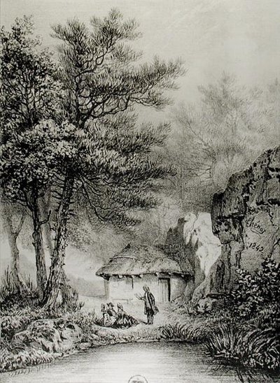 Jean-Jacques Rousseaus (1712-78) Stuga i Ermenonville, 1842 av Jean Pierre after Thenot
