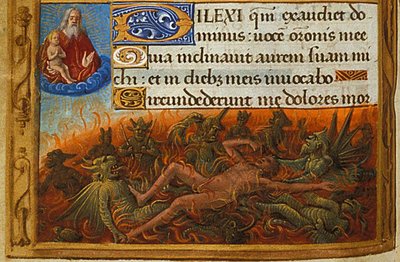 Timmebok, detalj: Dyk plågade av demoner och bevakad av Lazarus själ, ca. 1500 av Jean Poyet