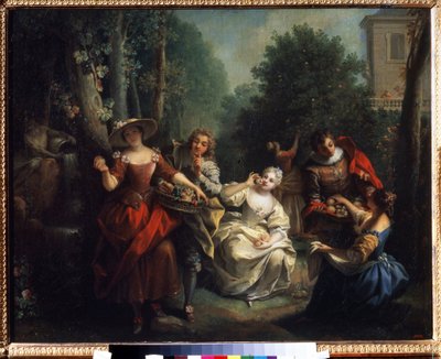 De fem sinnena: ""Le gikt"" (Smaken) unga människor i aristokratin smakar frukt. Målning av Jean Raoux (1677-1734) 1725-1735 Pushkin-museet, Moskva av Jean Raoux