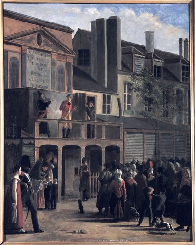 La Parade de Bobèche et Galimafre, målning av Jean Roller, som representerar en folkmassa som tittar på en gatushow. Oljemålning från 1800-talet. av Jean Roller